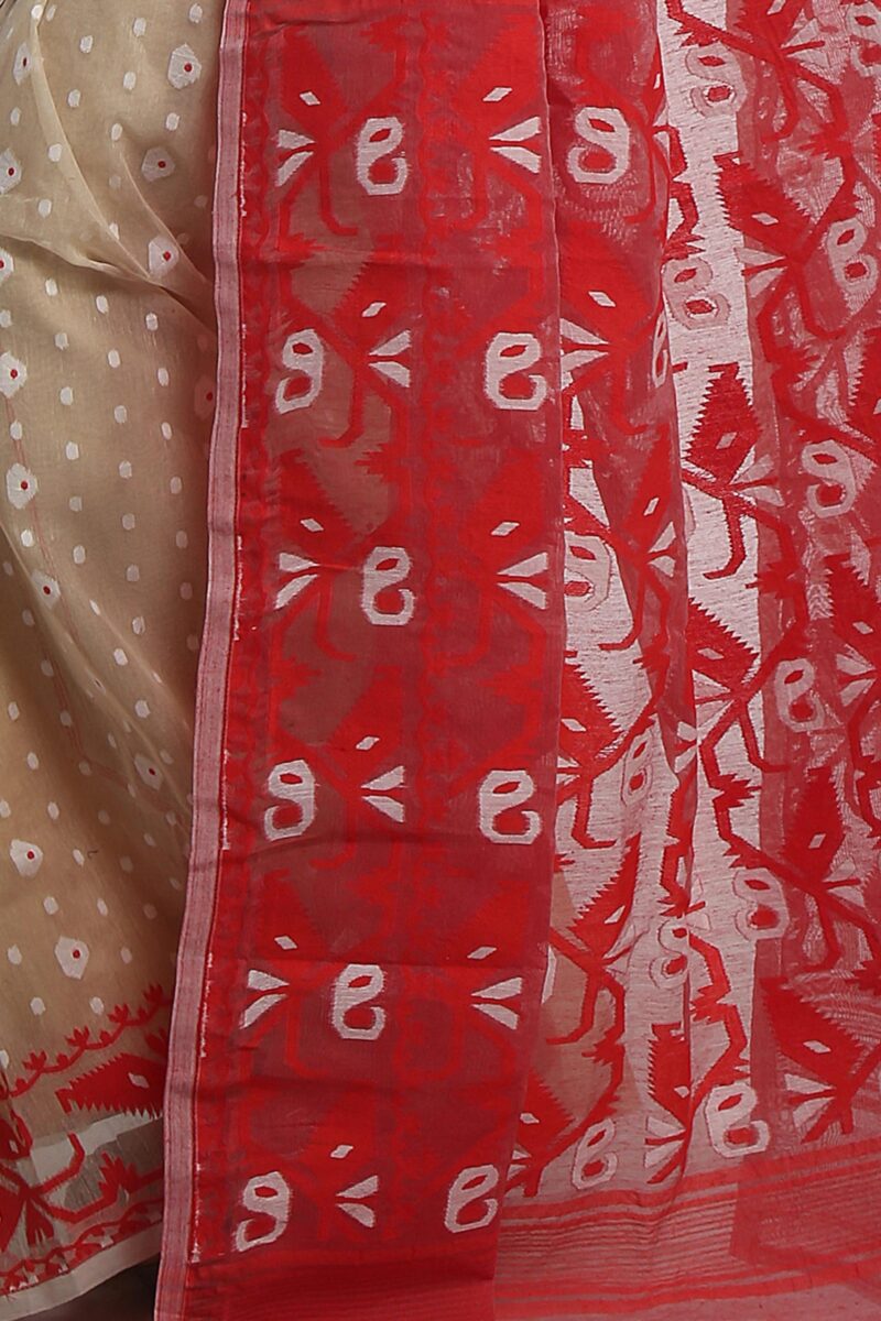 WoodenTant Women's Bengal Made Soft Dhakai Jamdani Saree Without Blouse Piece. (Beige & Red, Cotton) - Image 4