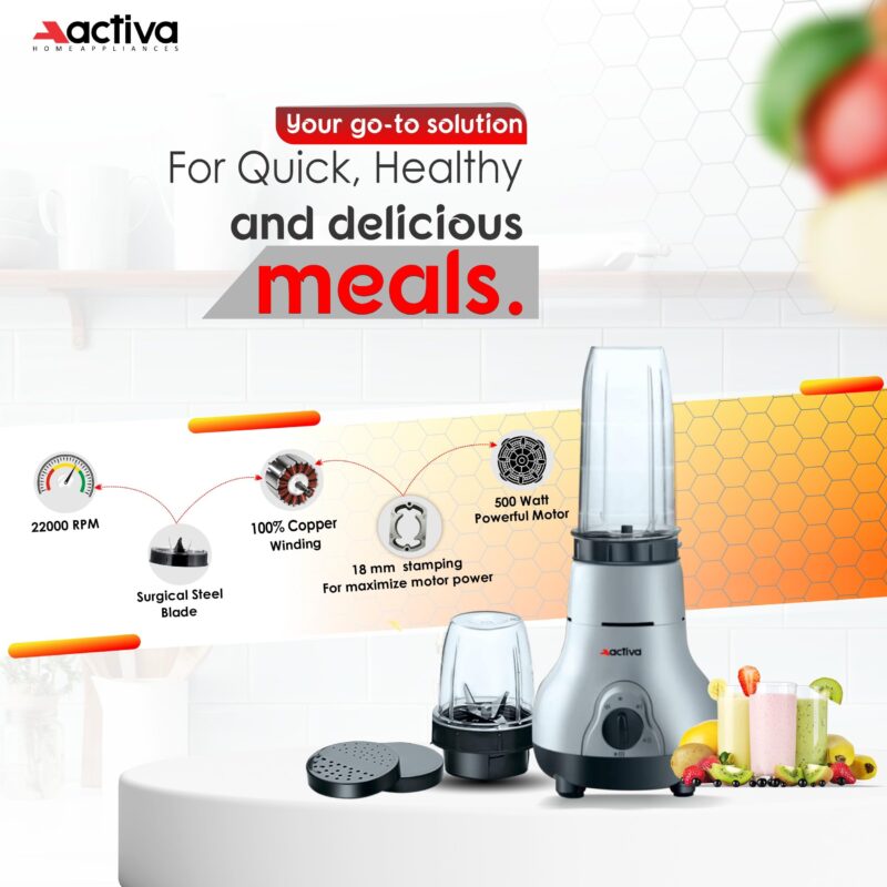 ACTIVA Easy Mix Nutri 2 Jar Mixer Grinder Powerful 500 Watt Motor | Long Lasting Shock Proof Abs Body | Heavy Duty Motor With Nano - Grinding Technology, Black come with 2 year warranty - Image 3