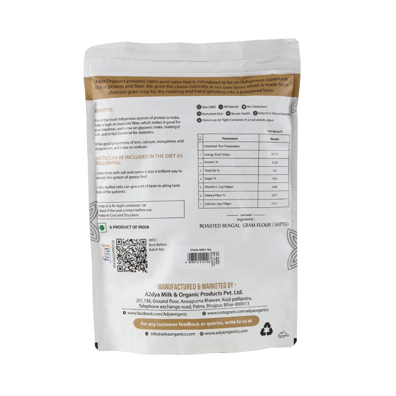 Adya Organics Sattu | 100% Pure & High-Protein Roasted Chana Powder | Chemical-Free & Natural | Perfect for Summer Drinks, Parathas, & Snacks | Healthy & Tasty | 2kg- (Pack of 2) - Image 5