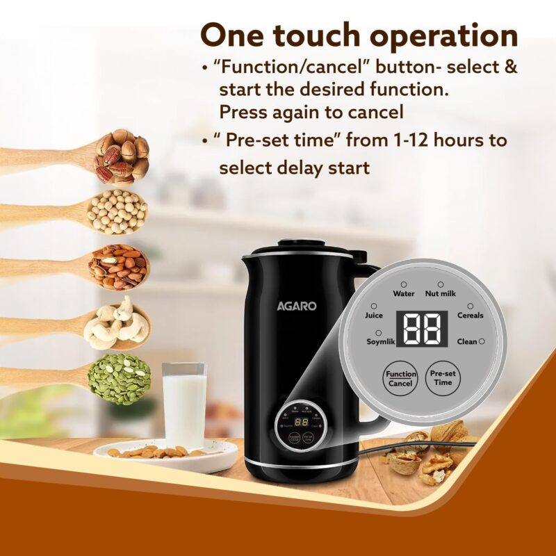 AGARO Regency Automatic Nut Milk Maker, Vegan Milk Machine, Make Vegan Milk From Nuts, Almonds, Soya, Oats etc, Boil Water, Juice, Cereals, Stainless Steel Body, 600ml, Black - Image 4