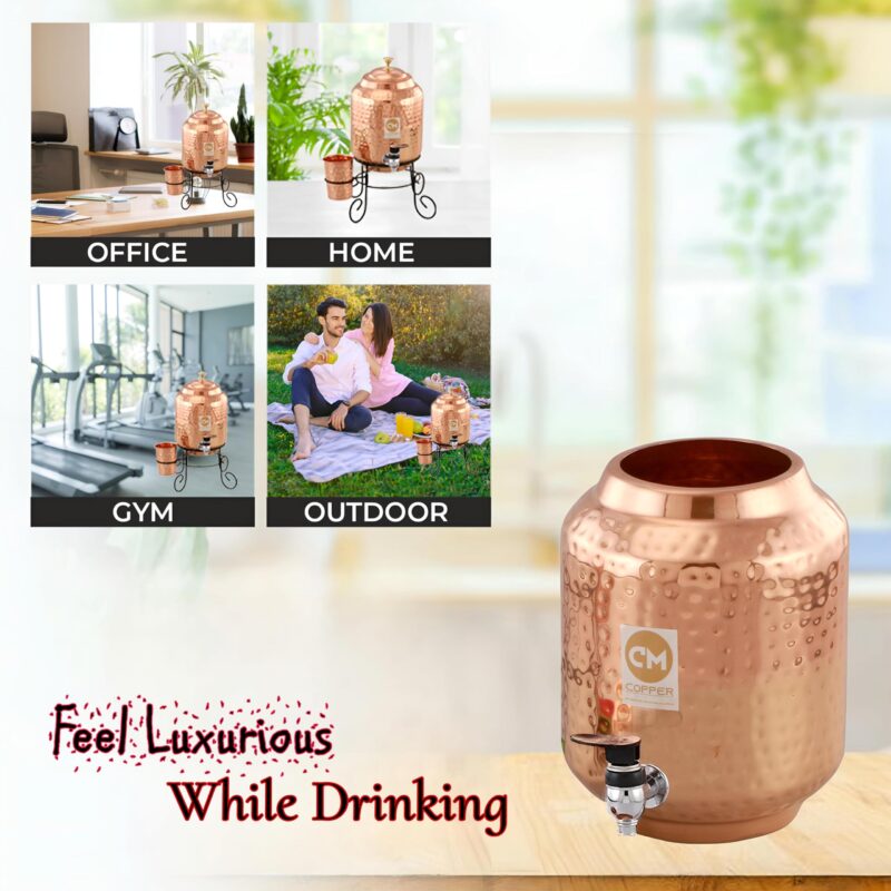 Copper-Master 5 Litre Pure Copper Hammered Water Dispenser (Matka) Container Pot with 2 Pure Copper Glasses Pure Copper and Ayurvedic Health Benefits (5000 ml + 600 ml) - Image 8