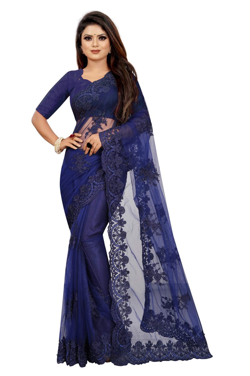 Vastraani Women's Cut Wok Embroidered Woven Net Saree with Blouse Piece (Blue, Free Size)