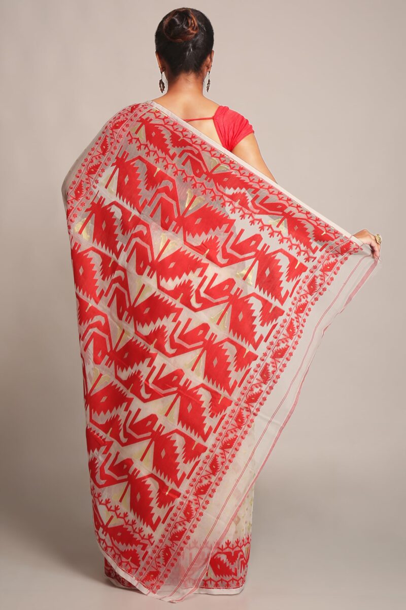 BENGAL HANDLOOM Women'S Cotton Silk Softs Dhakai Jamdani Sarees (White & Red) - Image 3