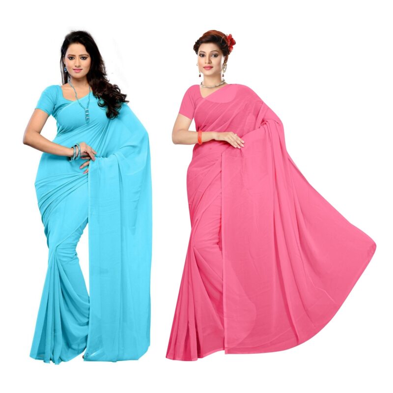 Sidhidata Women's Pure Georgette Saree With Blouse Piece (Pack of 2) (combo plain 719-701_Sky Blue & Baby Pink), Free Size