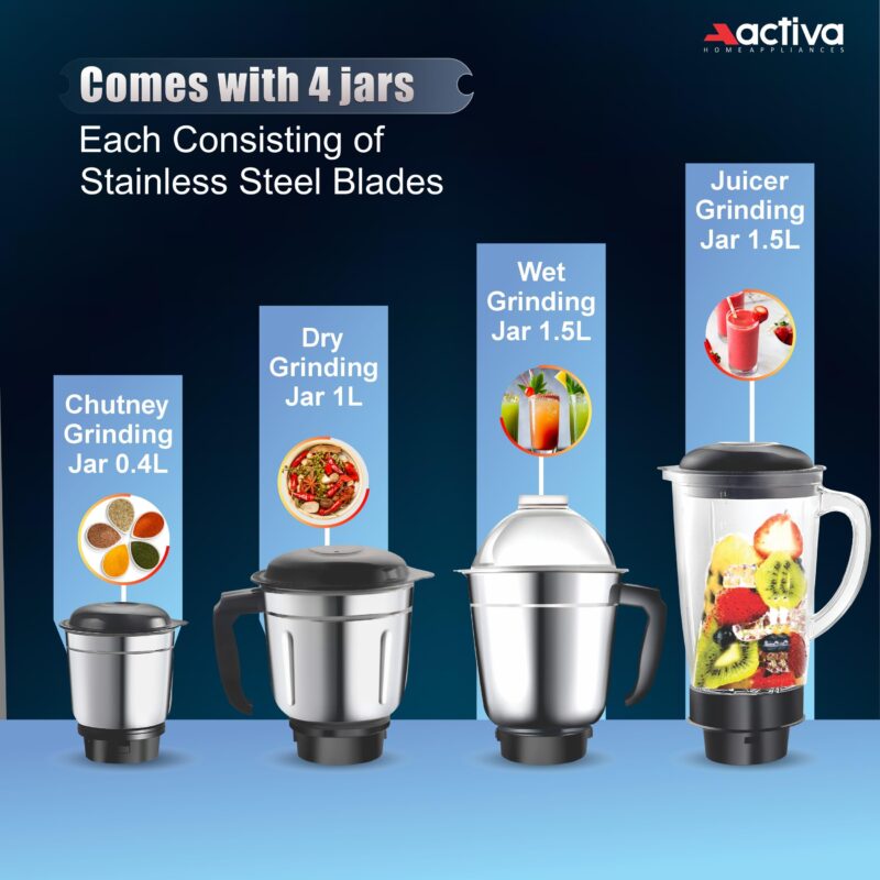 ACTIVA Megamix 1000 W Powerful Motor Mixer Grinder With 4 Jars | 2 Years Motor Warranty, Red - Image 8