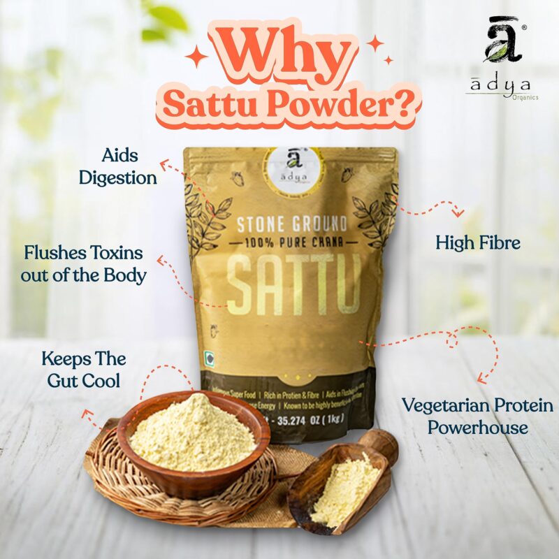 Adya Organics Sattu Powder | Gluten Free Roasted Black Chana Flour | 100% Natural & Gluten Free Chana Sattu l Atta with High Fiber | Sattu Drink Powder 1Kg- (Pack of 1) - Image 9