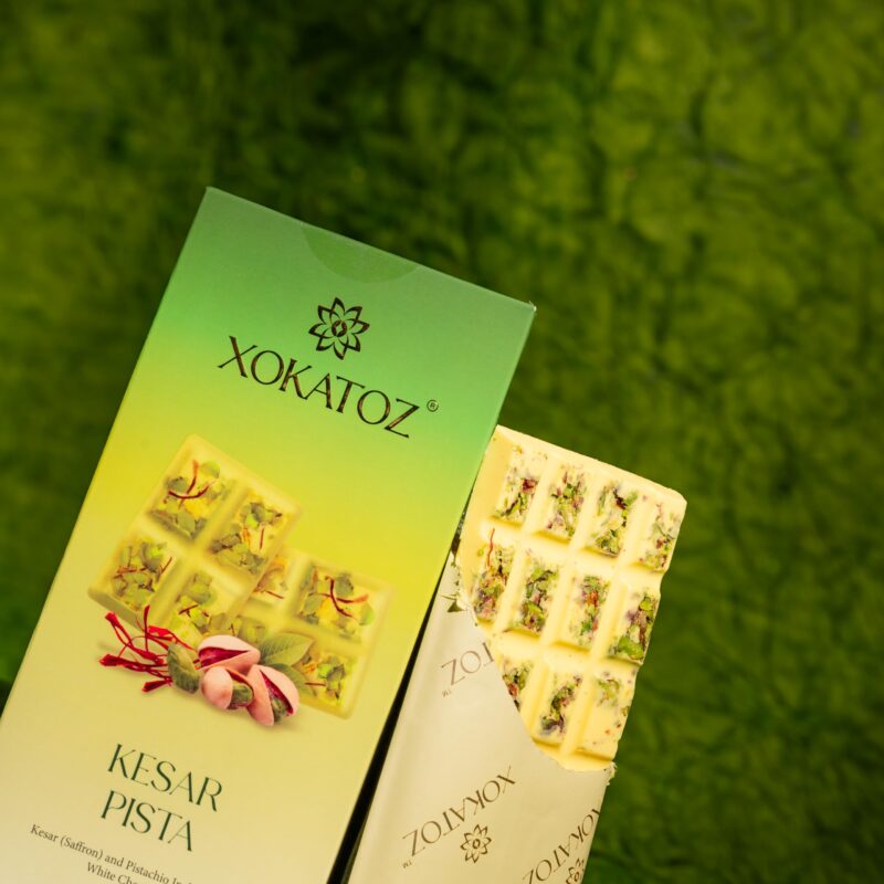 XOKATOZ Exotic Premium Chocolate - 1 Mixed Berries and 1 Kesar Pista Flavours - Flavoured White Chocolate Bars - Gift Set- Pack of 2, 150g (75g x 2) - Image 5