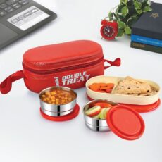 Red|Double Treat Lunch Box with Jacket, Set of 3 / 3 Piece