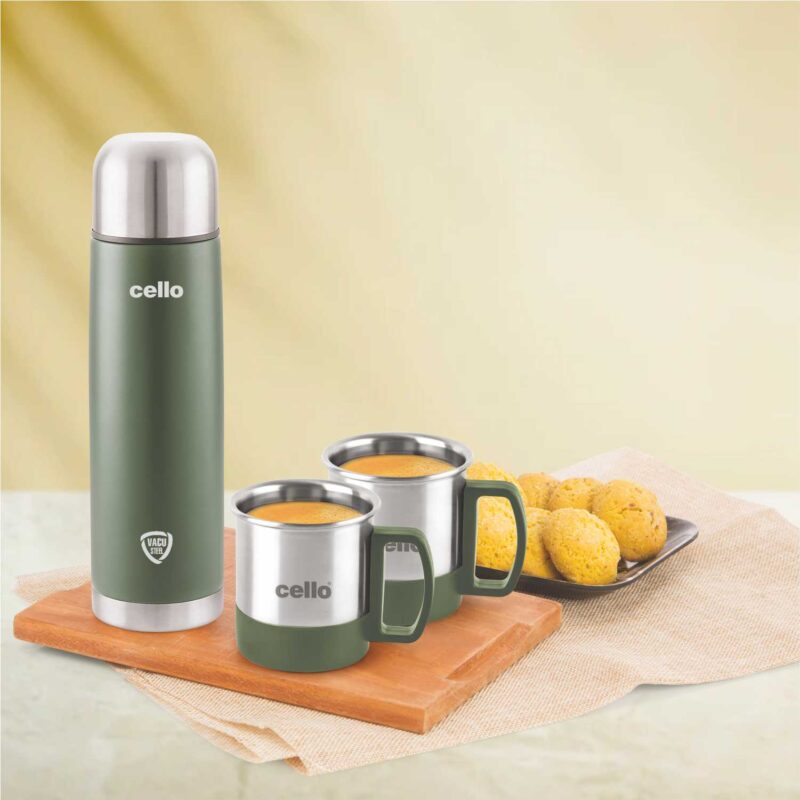Green|Duro Classic Vacusteel Flask with Mugs Gift Set, 3 Pieces / 3 Pieces