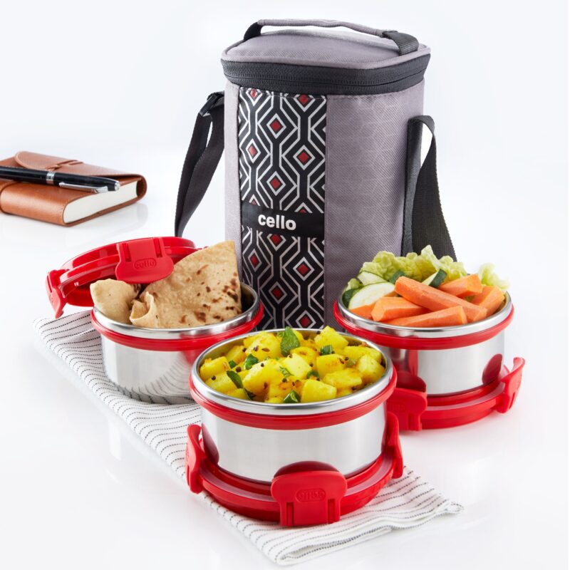 Red|MF Ultra Stainless Steel Lunch Box with Jacket, Set of 3 / 3 Piece