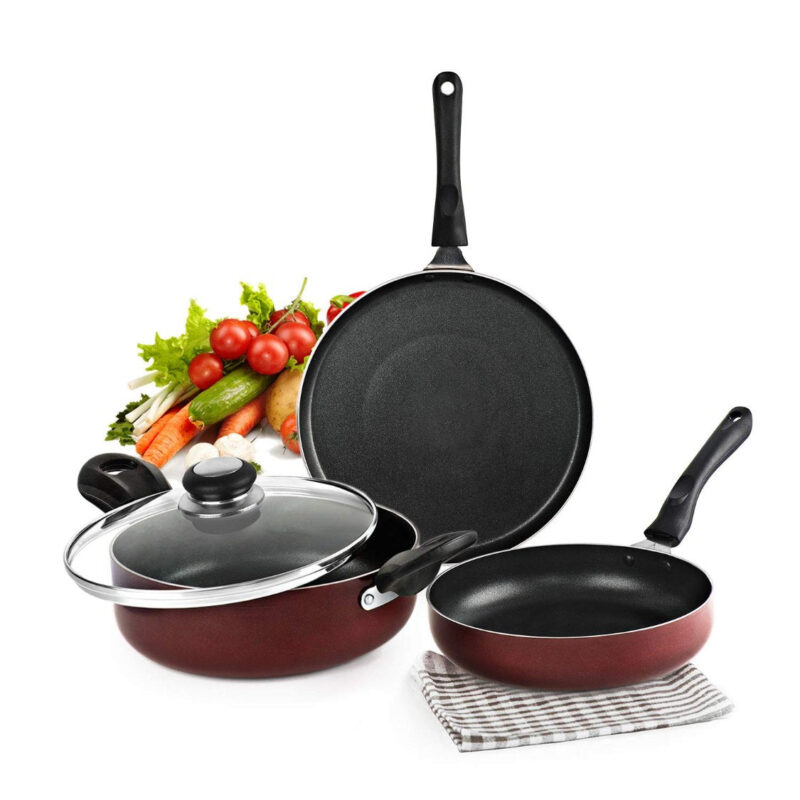Cherry|Non-Stick Prima Induction Base Cookware Set, 3 Pieces