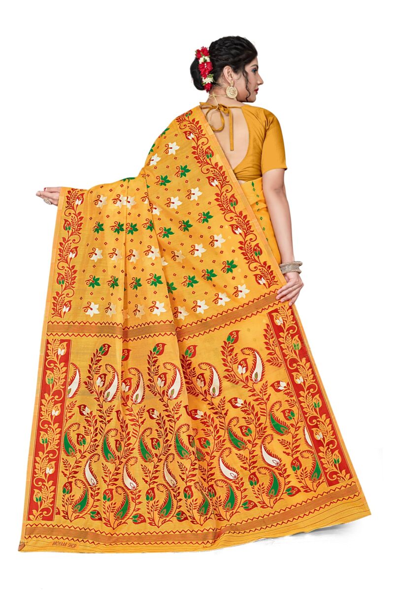 BROYAAR SHOP Women Soft Resham Dhakai Jamdani Relaxed Fit Blend Silk Saree Whole Body Design Without Regular Fit Blouse Piece(Gold) - Image 3