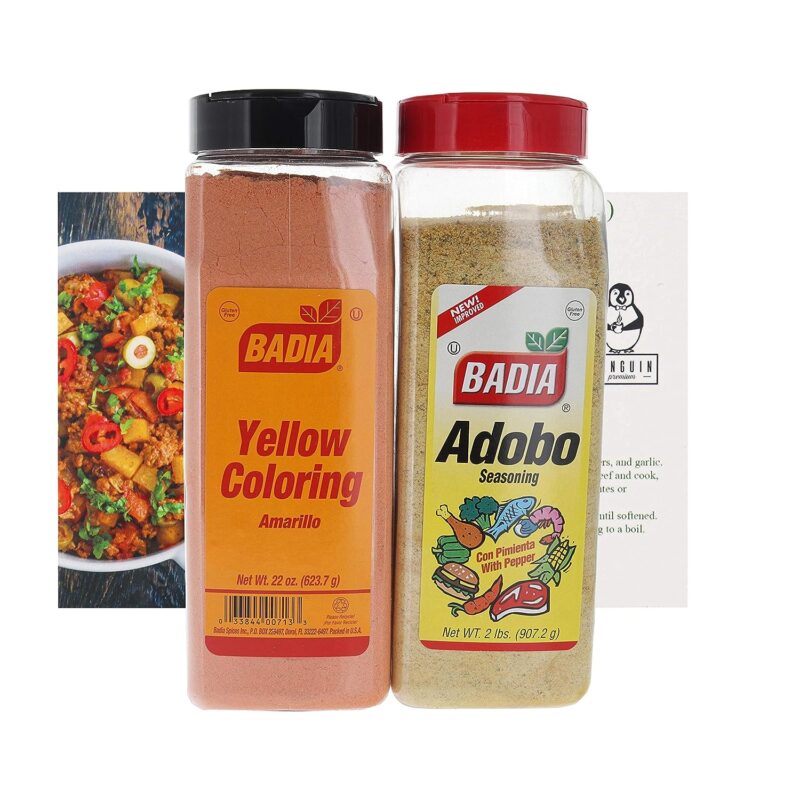 Badia Adobo with Pepper and Yellow Coloring Seasoning Bundle (Set of 2) - Seasonings for Chicken, Spanish Dishes, and More - Comes with a Premium Penguin Recipe Card
