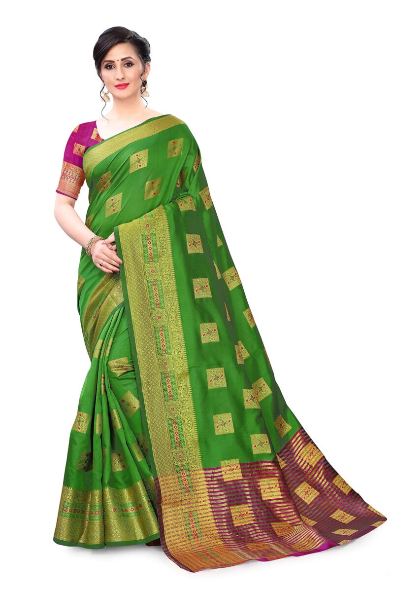 KILI FASHION Women's Striped Pallu Geometric Banarasi Cotton Silk Saree with Blouse Piece (Green, Free Size)