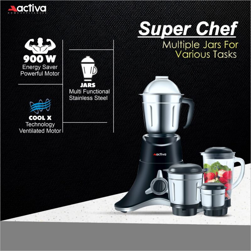 ACTIVA ABS Super Chef 900 Watts Powerful Motor Mixer Grinder With 4 Jars | 2 Years Motor, Black - Image 11