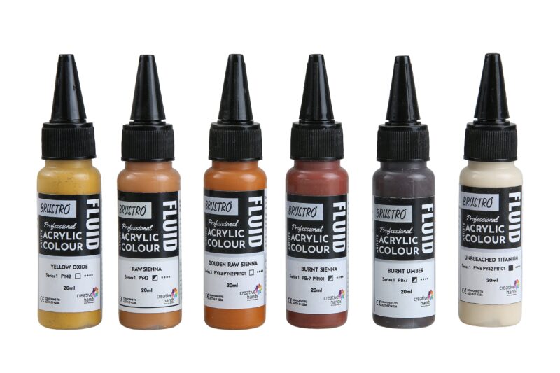 Brustro Professional Artists Fluid Acrylic 20 ml Down to Earth Set of 6 (Burnt Sienna, Burnt Umber, Yellow Oxide, Raw Sienna, Unbleached Titanium, Golden Raw Sienna) with Pouring Medium 200 ml