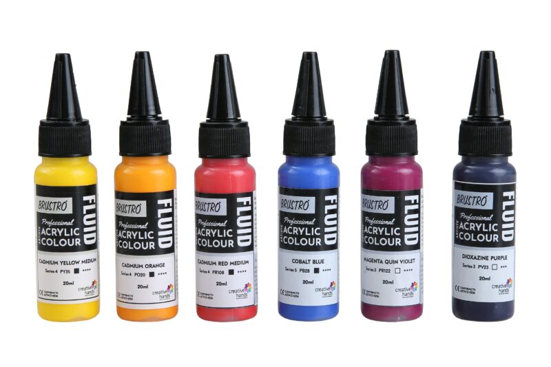 Brustro Professional Artists ’ Fluid Acrylic 20 ml High Chroma Set of 6 (Cad Orange,Cad Yellow Medium,Cad Red Medium,Cobalt Blue,Dioxazine Purple,Magenta Quinh Violet) with Pouring Medium 200 ml