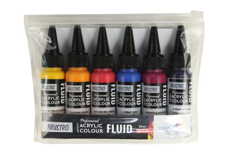 Brustro Professional Artists’ Fluid Acrylic 20 ml High Chroma (Pack of 6) (Cadmium Orange, Cadmium Yellow Medium, Cadmium Red Medium, Cobalt Blue, Dioxazine Purple, Magenta Quinh Violet, 20 ml)