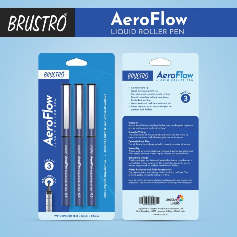 BRUSTRO AeroFlow Liquid Ink Rollerball Pens | Blue | 0.5mm, Micro Tip | Pack of 3| Ideal for Students, Professionals, Office, Exam use, Accurate Smooth Writing, Waterproof, Fade Resistant