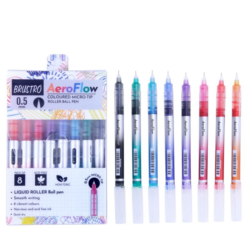 BRUSTRO AeroFlow Coloured Micro-Tip Roller Ball Pen | Tip size - 0.5 mm - Set of 8 |Leakproof, Quick Dry, Acid-Free, Non-Toxic,Fade Resistant,Ideal for Drawing,Doodling, Office, Stationery, School use - Image 2