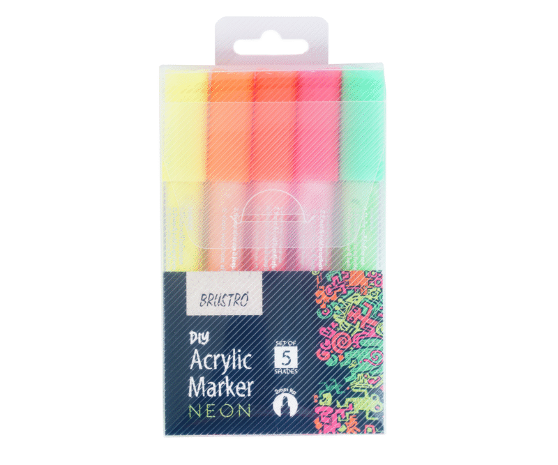 Brustro Acrylic (DIY) Marker Set of 5 (Fluorescent Shades) for Craftworks, School Projects, and Other Presentations - Image 4