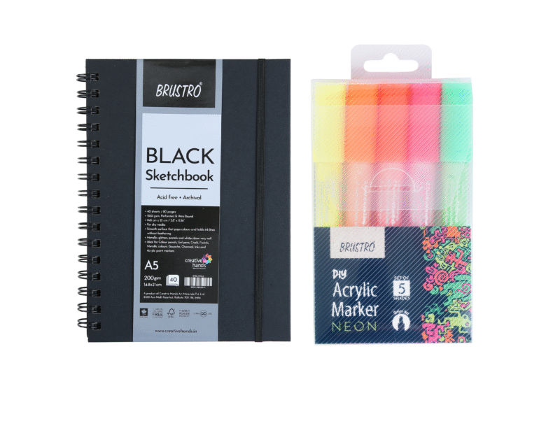 Brustro Acrylic (DIY) Marker Set of 5-Fluroscent Shade with Black Sketchbook - Image 3