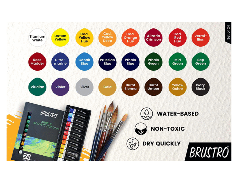 BRUSTRO Acrylic Paint Set of 24, Multicolour 12ml Tubes with Gold Taklon Brush Set of 10 - Image 4