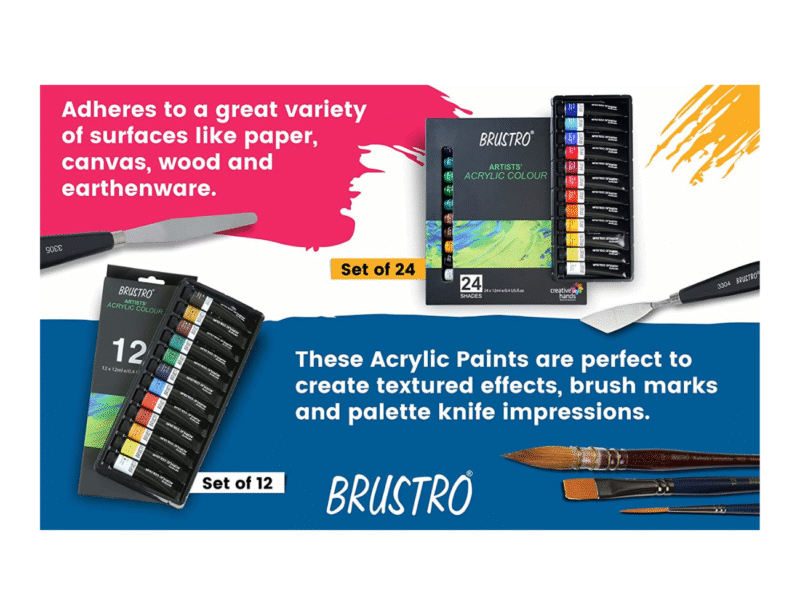 BRUSTRO Acrylic Paint Set of 24, Multicolour 12ml Tubes with Gold Taklon Brush Set of 10 - Image 2