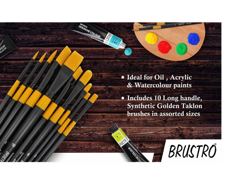 BRUSTRO Acrylic Paint Set of 24, Multicolour 12ml Tubes with Gold Taklon Brush Set of 10 - Image 7