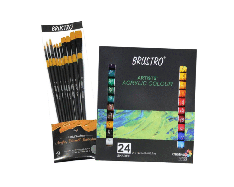 BRUSTRO Acrylic Paint Set of 24, Multicolour 12ml Tubes with Gold Taklon Brush Set of 10 - Image 8
