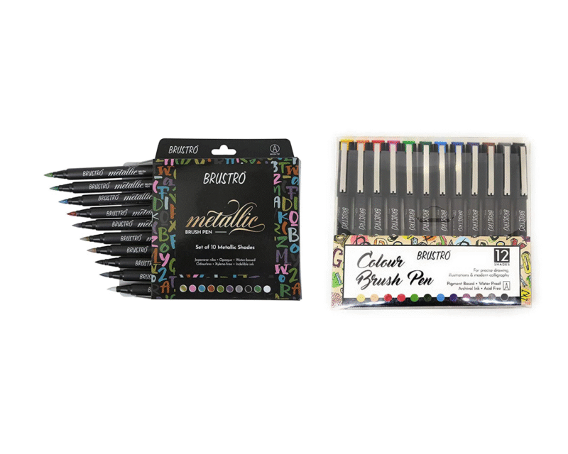 BRUSTRO Metallic Brush Pens - Soft Brush Tip Set of 10 Colors. with Colour Brush Pens Set of 12 (Pigment Based, Hard tip Brush Pen) Flexible tip for Calligraphy, Lettering and Drawing Techniques. - Image 10