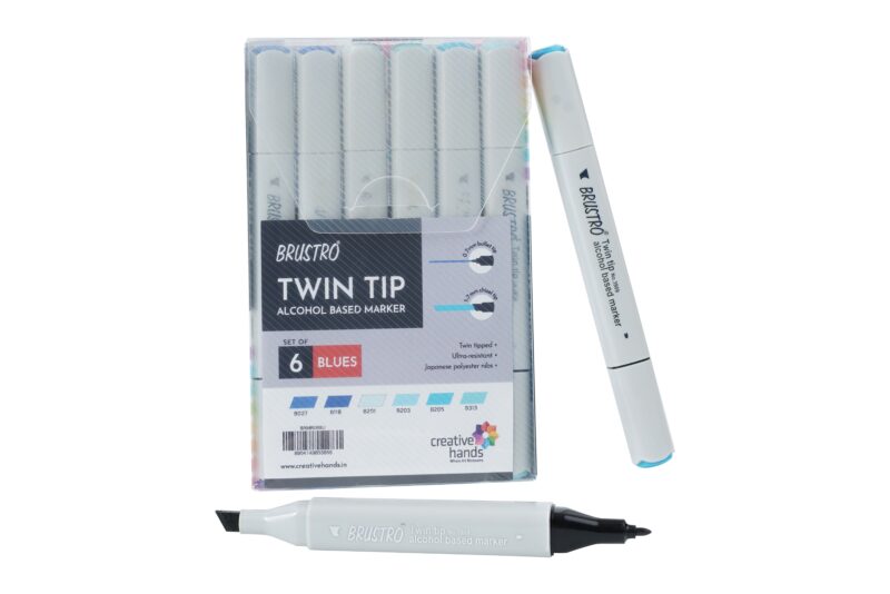 BRUSTRO Twin Tip Alcohol Based Marker Set of 6 (Blues) in Crossline PP See Through Box