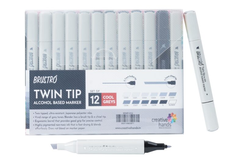 BRUSTRO Twin Tip Alcohol Based Marker Set of 12 - Cool Greys in Crossline PP See Through Box