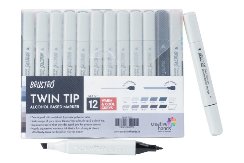 BRUSTRO Twin Tip Alcohol Based Marker Set of 12 Cool & Warm Grey Shades in Crossline PP See Through Box