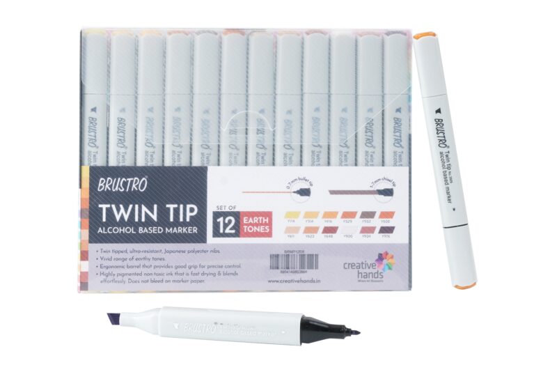 BRUSTRO Twin Tip Alcohol Based Marker Sets Earth Tone (12) in Crossline PP See Through Box