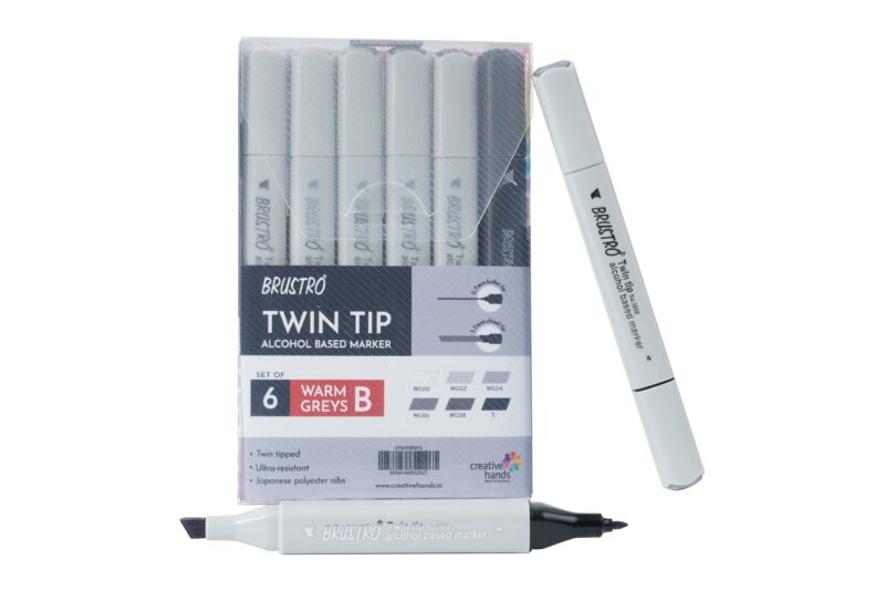 BRUSTRO Twin Tip Alcohol Based Marker Set of 6 - Warm Greys Set B in Crossline PP See Through Box