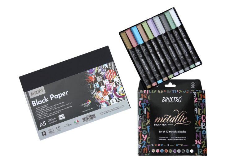 BRUSTRO Metallic Brush Pens Set of 10 Colors with Black Paper A5