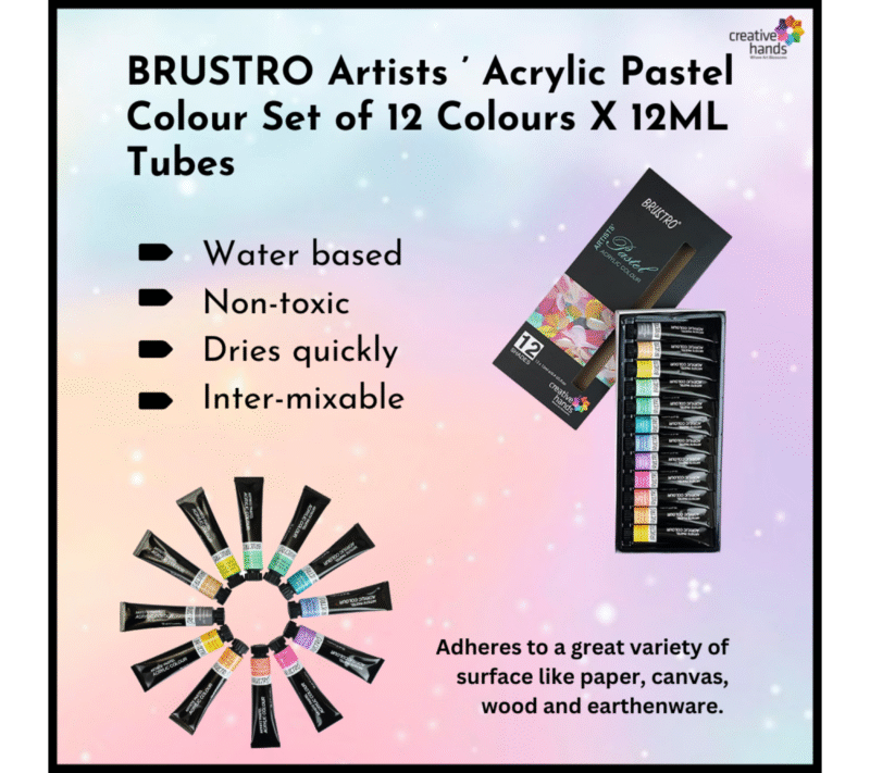 BRUSTRO Artists’ Acrylic Color Set of 12 Colors X 12ML Tubes, Pastel Shades, with 3 Medium Grain 100% Cotton Canvas Boards Sizes (8x10, 10x12, 12x12) Inches