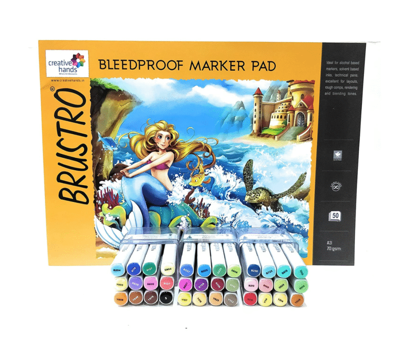Brustro Twin Tip Alcohol Based Marker Set of 12 Each of Basic A, B & C, with Brustro Bleedproof Marker Pad 70 GSM A3 (Contains 50 Sheets)