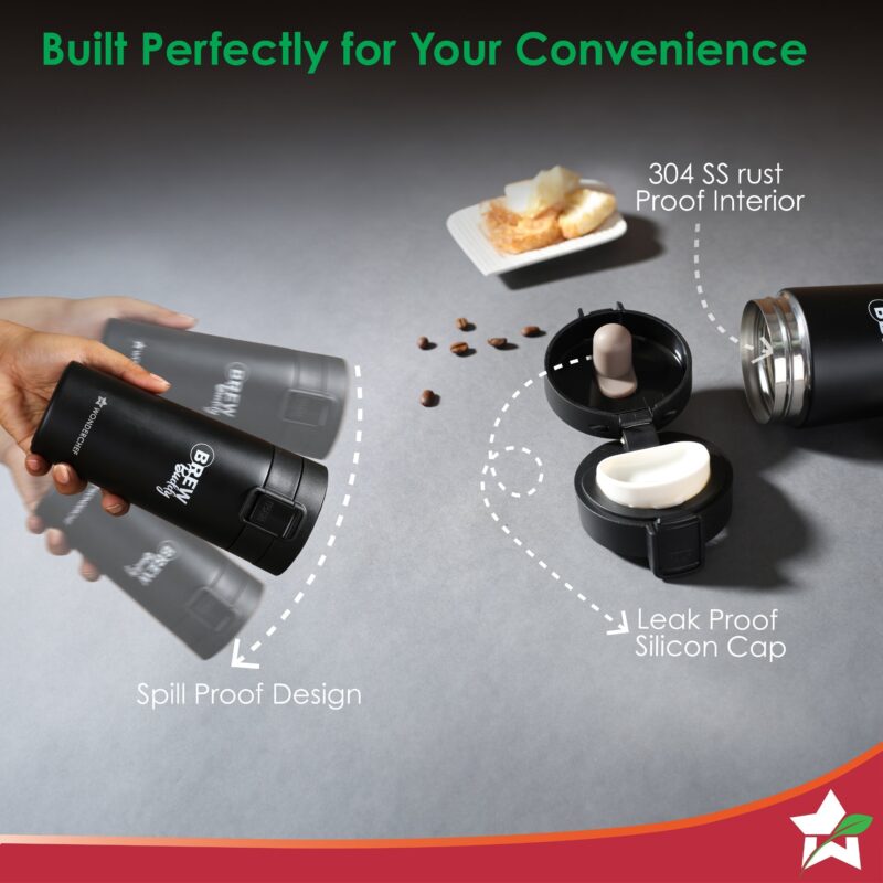 Brew Buddy Portable Coffee Mug | 380 ml | 304 Stainless Steel | Rust Proof | Copper Coated | Double Walled Vacuum Insulation | Safe-Lock System| Anti-Skid Base | 1 Year Warranty - Image 3
