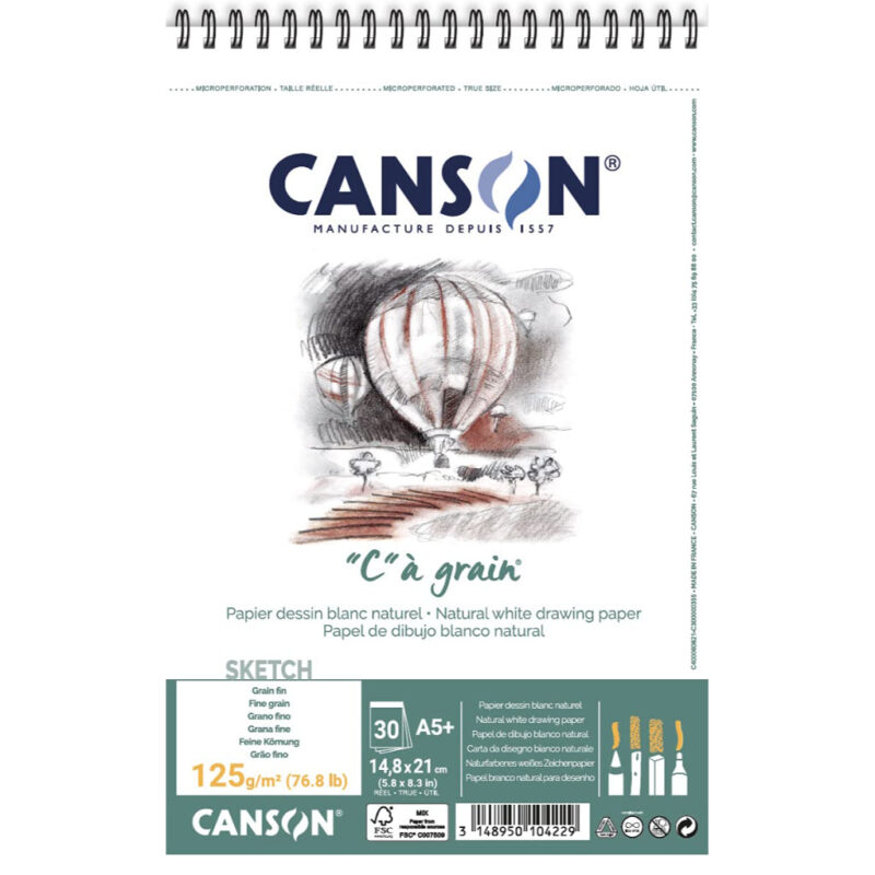 Canson C Grain Drawing 125 Gsm Fine Grain 14.8 X 22.7 Cm Paper Spiral Pad(Natural White- 30 Sheets)