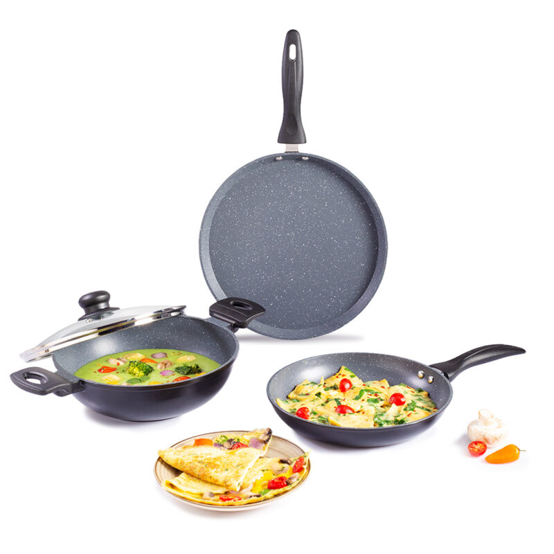 Duralite Die-Cast Non-Stick Pans 4 pcs Set | 24 cm Kadhai with Lid, 24 Cm Fry Pan, 28 cm Dosa Tawa | 1.2 L | Grey | 2 Years Warranty - Image 7
