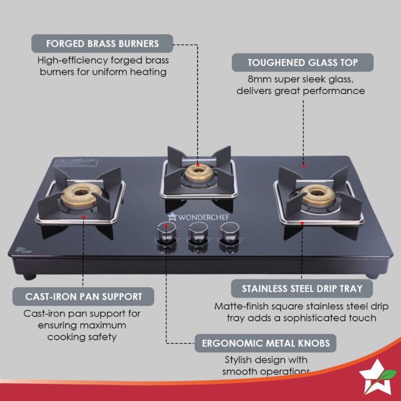 Octavia 3 Burner Glass Hob Top Manual Cooktop | 8mm Toughened Glass | Manual Ignition | Forged Brass Burners | Stainless Steel Drip Tray | Anti-Skid Legs | Large & Heavy Pan support | LPG compatible | Black steel frame | 2 Year Warranty | Black