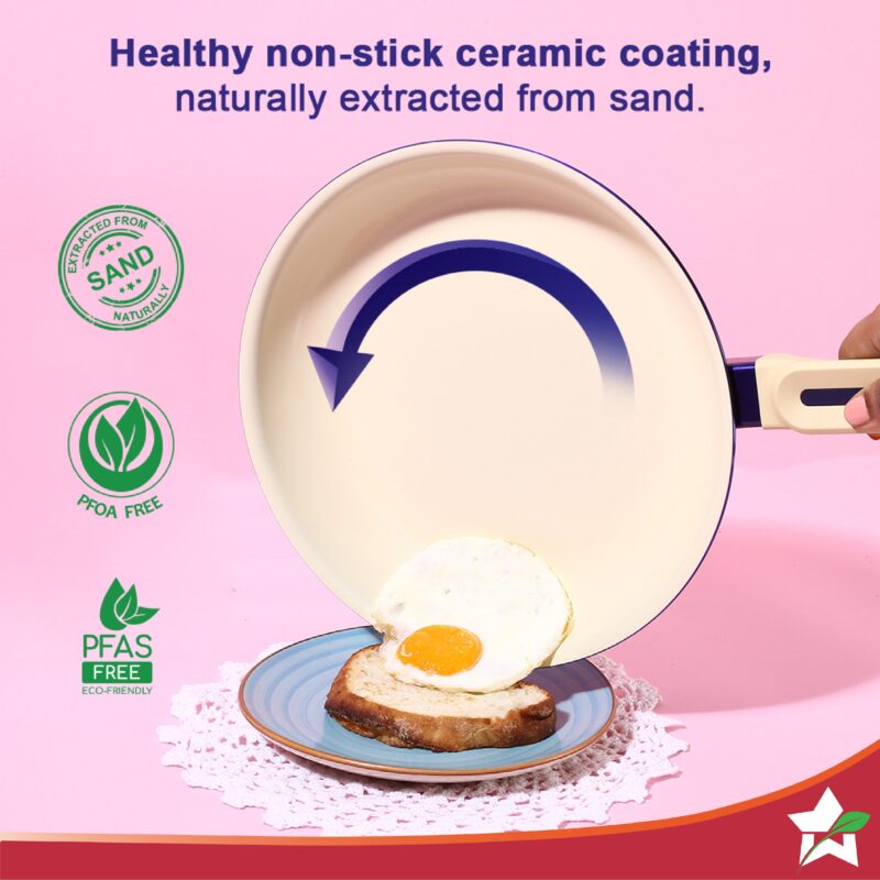 Bellagio Ceramic Non-stick 4 pc Cookware Set, Kadhai with Lid, Fry Pan & Dosa Tawa, Electric Blue, 2 Years Warranty - Image 2