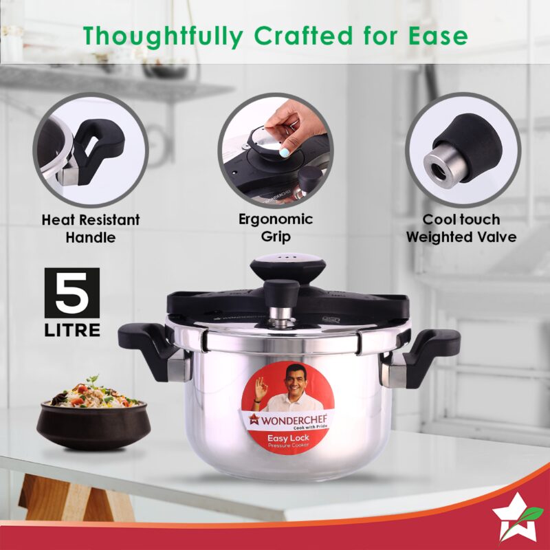 Easy Lock Stainless Steel 5L Outer Lid Pressure Cooker | Induction Compatible | Tri-Ply Bottom | 5 Year Warranty | Free Glass Lid | Silver - Image 3