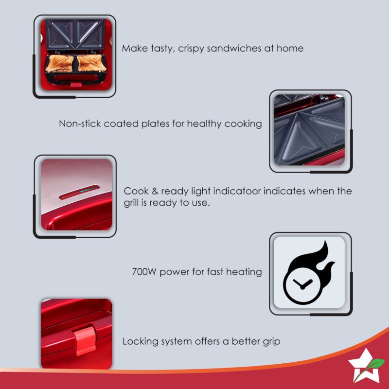 Crimson Edge Non-Stick Electric Griller,Sandwich Maker, Toaster |750 Watt| Auto Temp, LED indicator| Cool Touch Handle, Buckle Clip Lock| Grill Sandwiches, Bread, Kebabs, Paneer,Tikkis and Quesadillas| Oil Free Toasting| 2 Year Warranty - Image 3