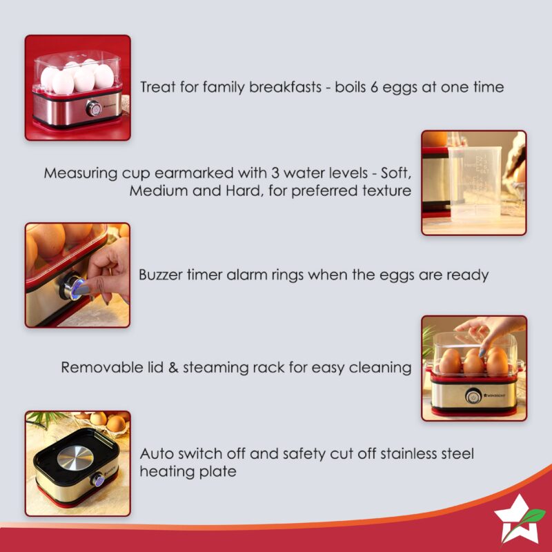 Crimson Edge Instant Electric Egg Boiler with 6 Egg Poachers|3 Boiling Modes, Soft, Medium, Hard| Auto Shut Off | Non-stick Egg Rack, Transparent Lid, Stainless Steel Body & Heating Plate, Steamer Rack| Alarm| Overheat Protection | Red| 2 Year Warranty - Image 5