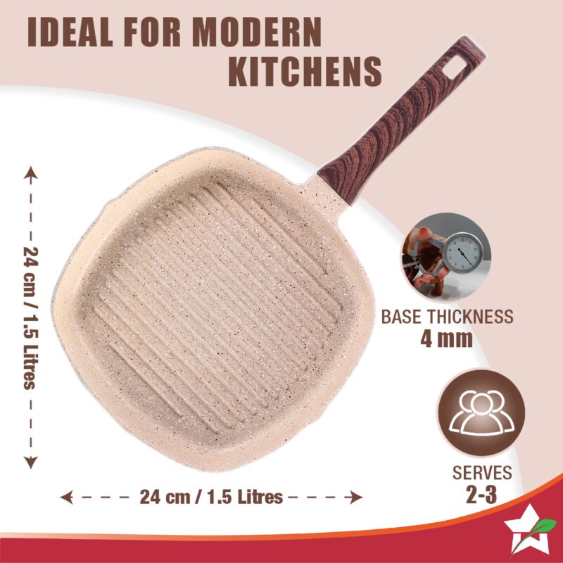 Duralife Die-cast 24 cm Grill Pan | 5 Layer Healthy Duramax Non-Stick Coating | Soft Touch Handle | Pure Grade Aluminium | PFOA Free | 1.5 liters | 2 Year Warranty | Ivory - Image 5