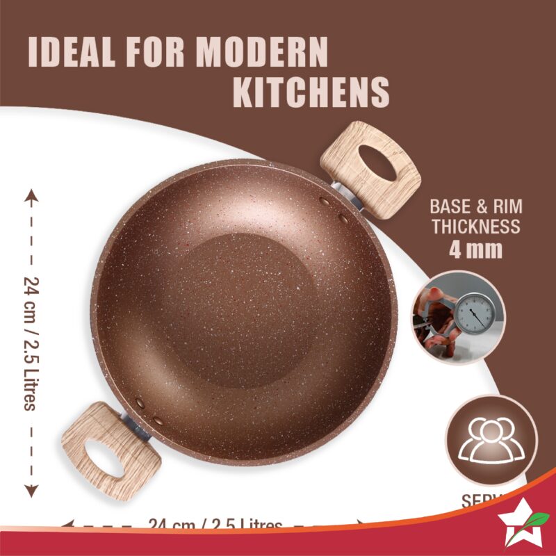 Duralife Die-cast 24 cm Kadhai with lid | 5 Layer Healthy Duramax Non-Stick Coating | Soft Touch Handles | Pure Grade Aluminium | PFOA Free | 2.5 litres | 2 Year Warranty | Copper - Image 5