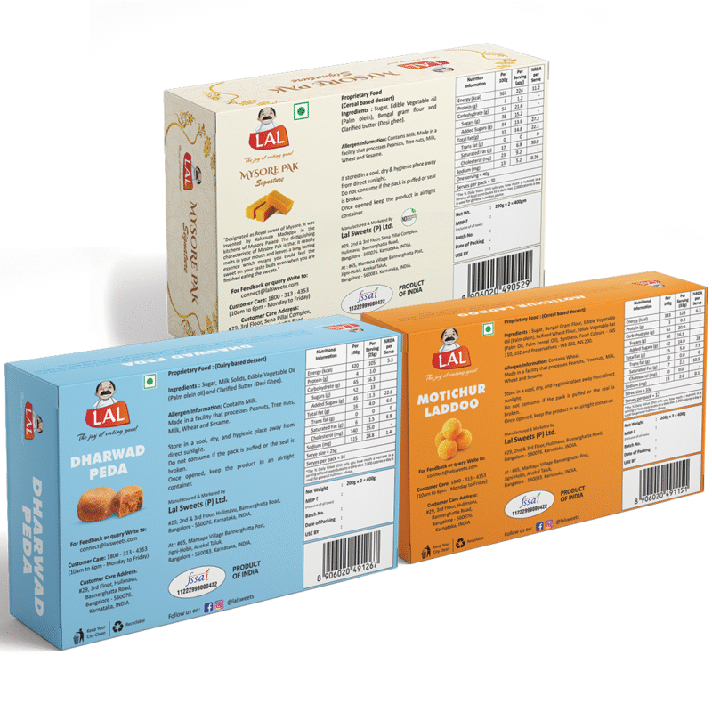 Mysore pak signature 400g, Dharwad peda 400g and Motichur laddoo 400g